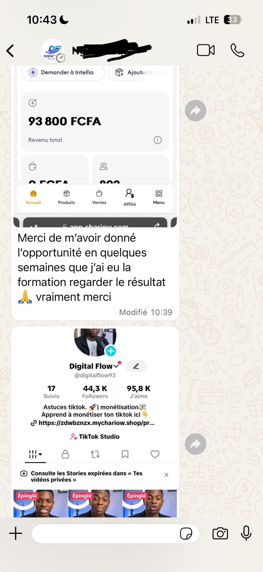 Témoignage WhatsApp — 93 800 FCFA