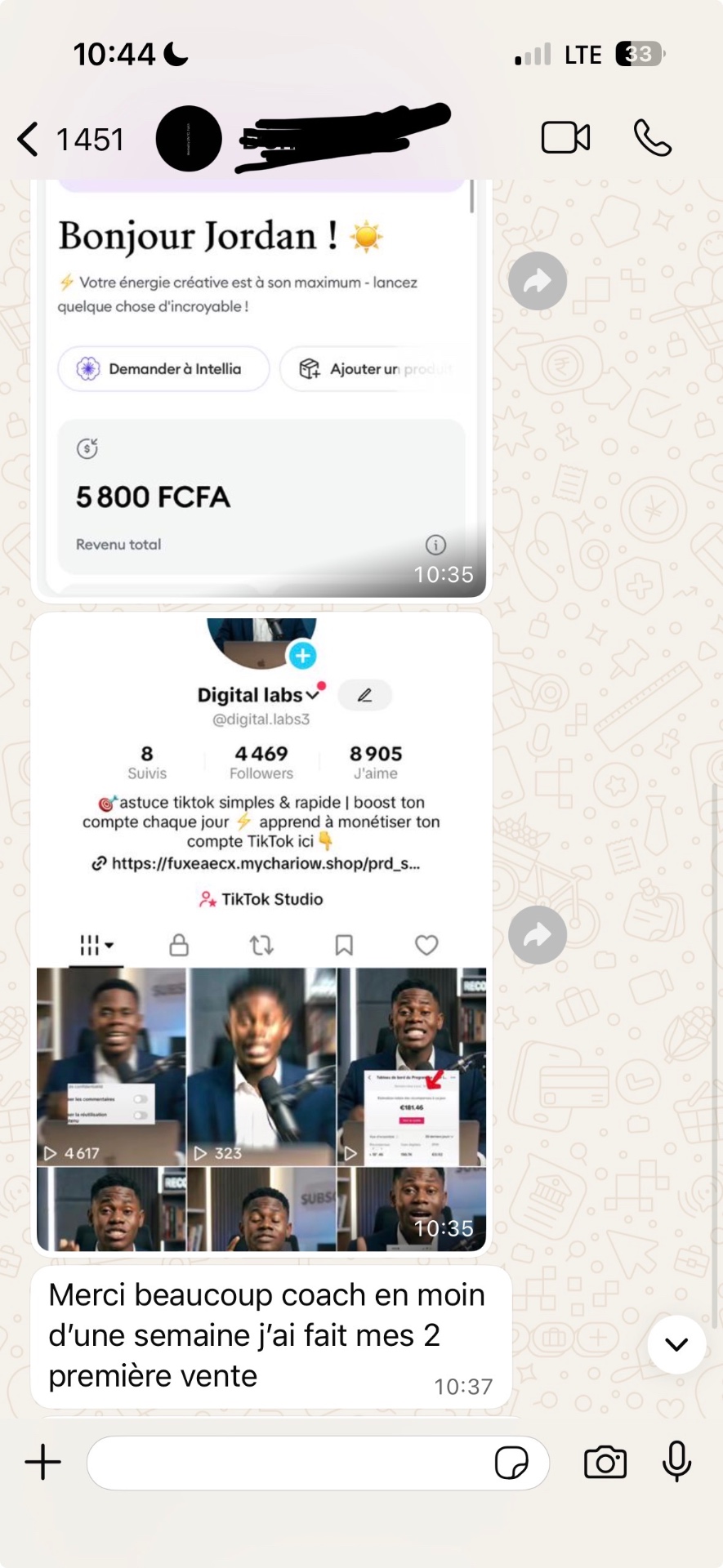 Témoignage WhatsApp — 2 premières ventes