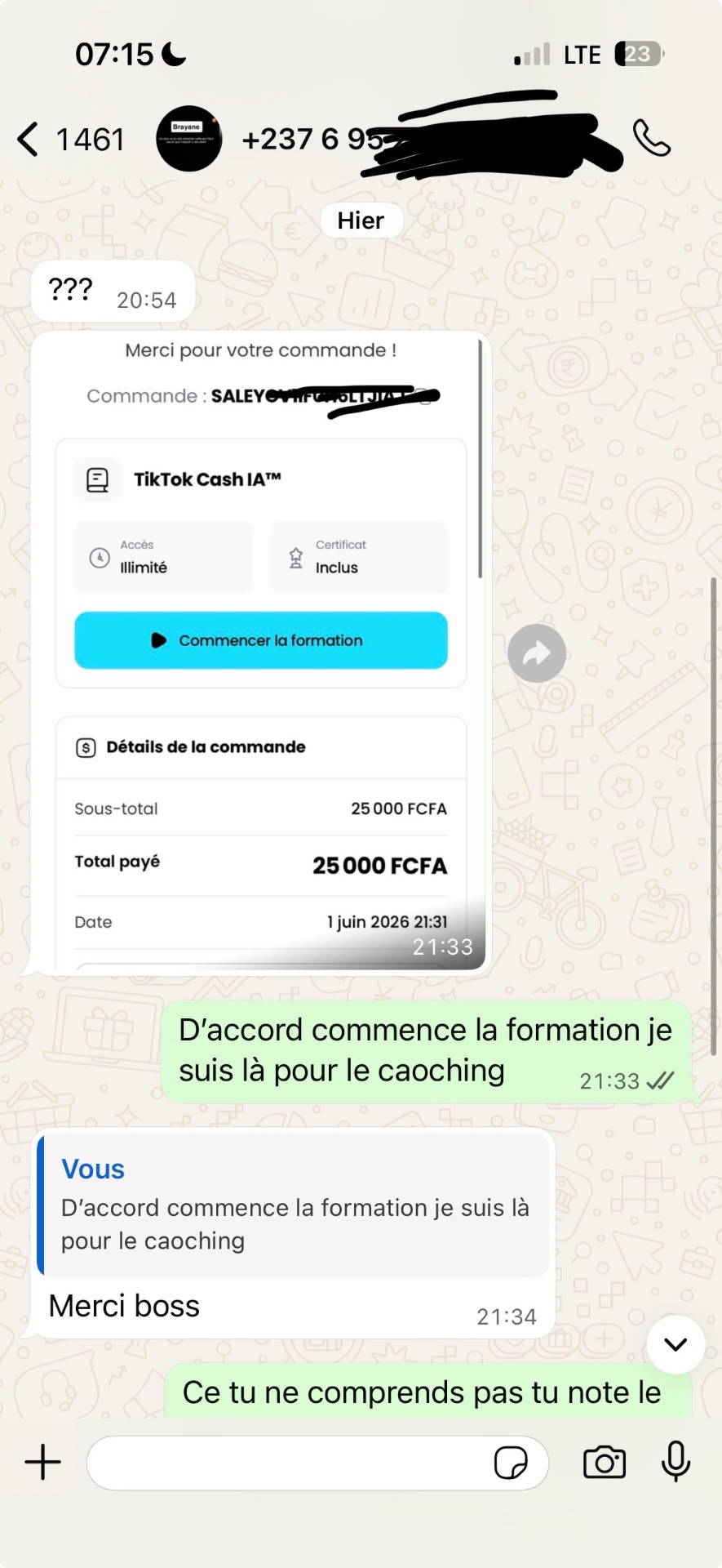Témoignage WhatsApp — commande payée 25 000 FCFA